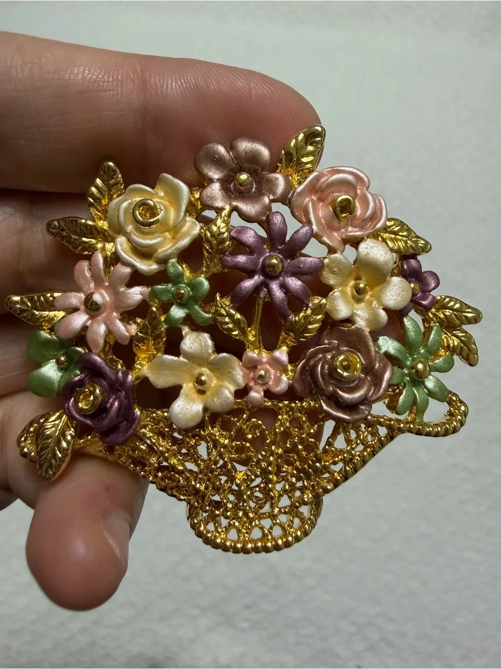 Vintage Flower Basket Brooch Pin Gold Toned